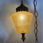 Vintage Swag Hanging Lamp Light Amber Glass Quilt Pattern 12ft Chain Plug In