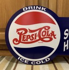 Pepsi Sign Flange Metal Double Sided Cola Sold Here Bottle Cap Vintage Style 1