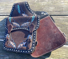 Basket Tooled Brown Leather Western Saddle Bags With hand Painted Feathers