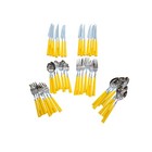 Vintage Retro Mcm Yellow Plastic Handle Stainless Flatware Taiwan 35 Pcs 7 Sets