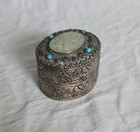 Vintage Silver Plated Floral Jewelry Trinket Box Ornate Jade Mirror Turquoise