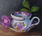 Still Life Original Oil Painting Cup With Pink Rose 7 X 6 Inch