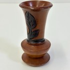 Vintage Hand Carved Turned Wood Vase Leaf Motif Brown Folk Art 5 