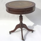 Vintage Round Wooden Drum Table 2 Drawers Leather Top Brass Claw Legs Furniture