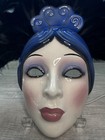 Vintage Clay Art Lady Face Mask W feathers Ceramic Wall Hanging With Music Box