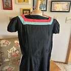 Vintage 1940s Dress Stripe Trim Black Peasant M L Maxi Cocktail 40s 1930s 30s