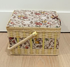 Vtg Tapestry Wicker Woven Sewing Box Basket With Lid   Pin Cushion   Beautiful