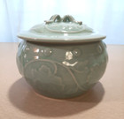 Vintage Chinese Celadon Porcelain Relief Flower Lidded Pot Jar Circa 1980s As Is