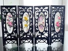 Vintage Tabletop Folding Screen 2 Sided Asian Art Carved Wood Painted Porcelain