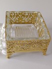 Vintage Decorative Glass Top Gold Tone Filigree Jewelry Trinket Box 4 5 x3 75 