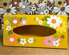 Vintage Ransburg Scalloped Flower Power Tissue Box Mid Century Yellow Pink Green