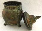Vase Urn Pot 11  Metal Faux Copper Patina Look Chain Attached Lid Footed Handles