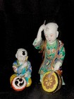 Pair Of Antique Chinese Porcelain Drummer Boy Figurines Colorful Gilded