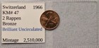 Swiss World Foreign Old Switzerland B u  2 Rappen Coin 1966 No Toning Or Spots  