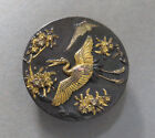 Rare Antique Japanese Meiji Bronze Button Shakudo Kashira Gold Crane