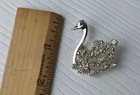 Vintage Silver gold Tone Blue   Clear Rhinestone Swan Figural Pin Brooch