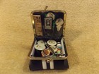 Vintage Sewing Kit In Blu Leather-like Container W Thread Scissors Thimbles Tape