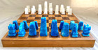 Mid-century Inlaid Wood Chess Board With Carved Aztec Onyx Pieces  Mexico