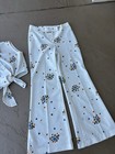 Vintage 1970s White Floral Hippie Two Piece Set Bell Bottom Peter Pan Crop Top