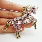 Pink Unicorn Horse Gold Tone Brooch Pin Rhinestone Crystal Pendant