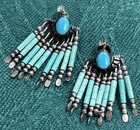 Vintage Turquoise Southwest Fan Style Earrings Sterling Silver Dangle Drop 1   