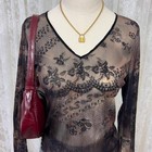 Vintage Y2k Von Mozart Brown black Sheer Mesh Flare Sleeve L Floral Whimsigoth