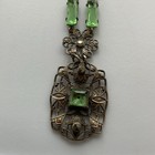 Antique French Art Nouveau Celadon Green Glass Marcasite Filigree Necklace