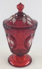 Fenton Holly On Ruby Red Pedestal Candy Dish  Hand Painted White Holly Leaves