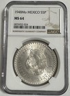 Beautiful Ngc Ms64 Mexico 1948-mo 5 Pesos   Silver   Heavy   Blast White Luster 