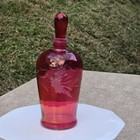 Vintage Etched Cranberry Glass Decanter Wine Liquor Bottle W  Stopper 9 