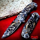 8 5  Tactical Skull Print Handle Spring Assisted Folding Pocket Knife Blade Open