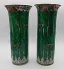 Pair Of Antique Chinese Bok Choy Cabbage Leaf Butterfly Porcelain Famille Vases