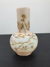 Signed Victorian Antique Art Glass Harrach Satin Cherry Blossom  Decorated Vase