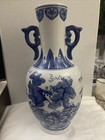 Vintage Chinese Porcelain Large 12  Blue White Vase With Handles