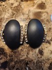 Vintage Oval Clip-on Statement Earrings Black Gold Clear Rhinestone Channel-set