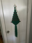 Vtg Retro Macrame Christmas Tree Wall Hanging Boho 1970   s Green W  Red Beads 30   