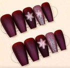 Press-on Nails Christmas Burgundy Snowflake Glitter Matte Coffin Shaped