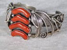 Vintage Navajo Tm Chunky Red Coral Cluster Sterling Silver Cuff Bracelet 56gs