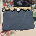 1950s Vintage After Five Black Satin Cameo Evening Bag Gold Frame Purse Juliart