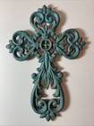 Fleur De Lis Wall Cross Cast Iron Floral Blue Ornate  Victorian Style 10  X 7 