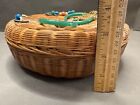 Woven Wicker Chinese Asian Sewing Basket With Rings  Beads   Coins Needs Repair
