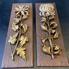 Pair Of Vintage Mid-century Syroco Faux Wood Gold Flower Plaque Wall Hangings