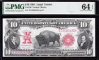 Amazing Crisp Vch unc 1901  10  bison  Us Legal Tender Note  Pmg 64 Epq  80432