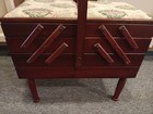 Vintage Lg  Mid Century Singer Accordion Style Wood Sewing Box Cloth Top Amazing