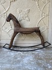 Vintage Primitive Hand Carved Wood Rocking Horse Folk Art Iron Rocker Rustic