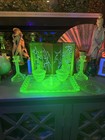 Antique Uranium Glass Vanity Set Tray 2 Candlesticks 2 Powder Dishes Ring Dish