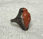 Antique Chinese Export Silver Carved Coral Chinese Sage Scholar Filigree Ring  8