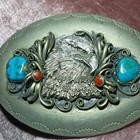 Navajo Eagle Vintage Belt Buckle Silver Tone  Red Coral   Turquoise Stones 1 5 