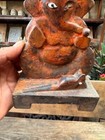 Collectible Rare Wooden Hand Carved Orange Painted God Ganesha Figure 6x4 