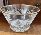 Vtg Mid Century Glass Bowl Ice Bucket W Etched Grape Vine Gold Rim Tapered